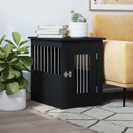 Meuble cage chien bois et acier table d'appoint pour salon noir 59cm
