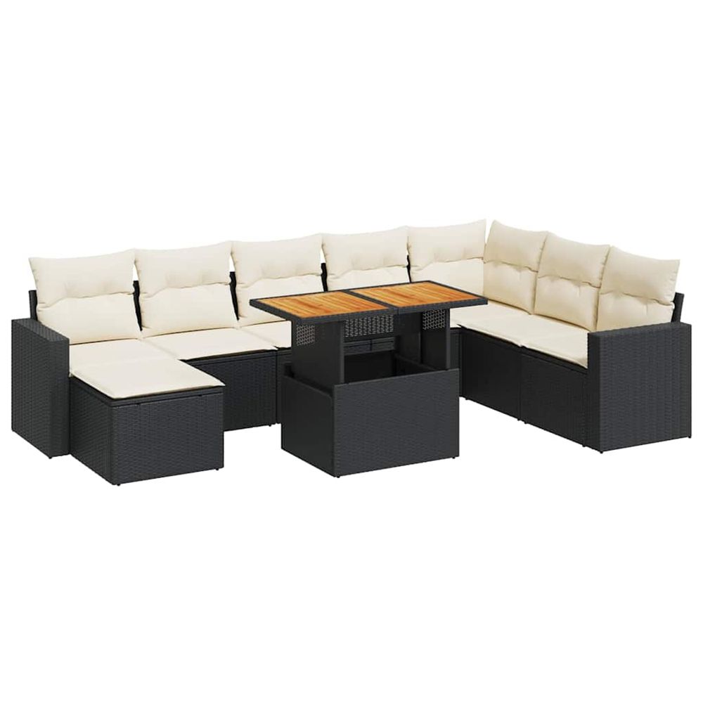 Salon de jardin 9 pcs avec coussins noir résine tressée