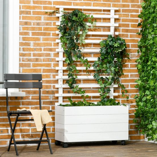 Jardinière avec treillis bois massif sur roulettes blanc 76x30x155cm pour plantes grimpantes