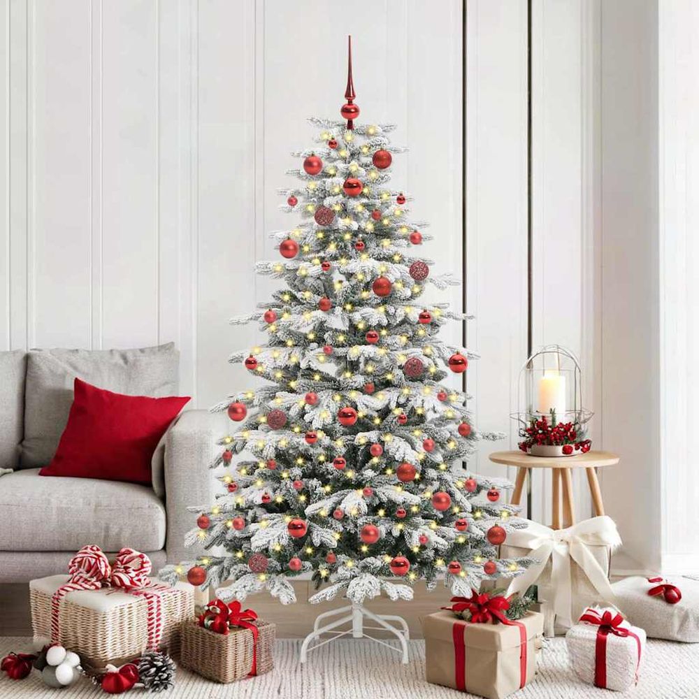 Sapin de noël tout inclus 180 cm blanc, avec guirlande led et 120 boules