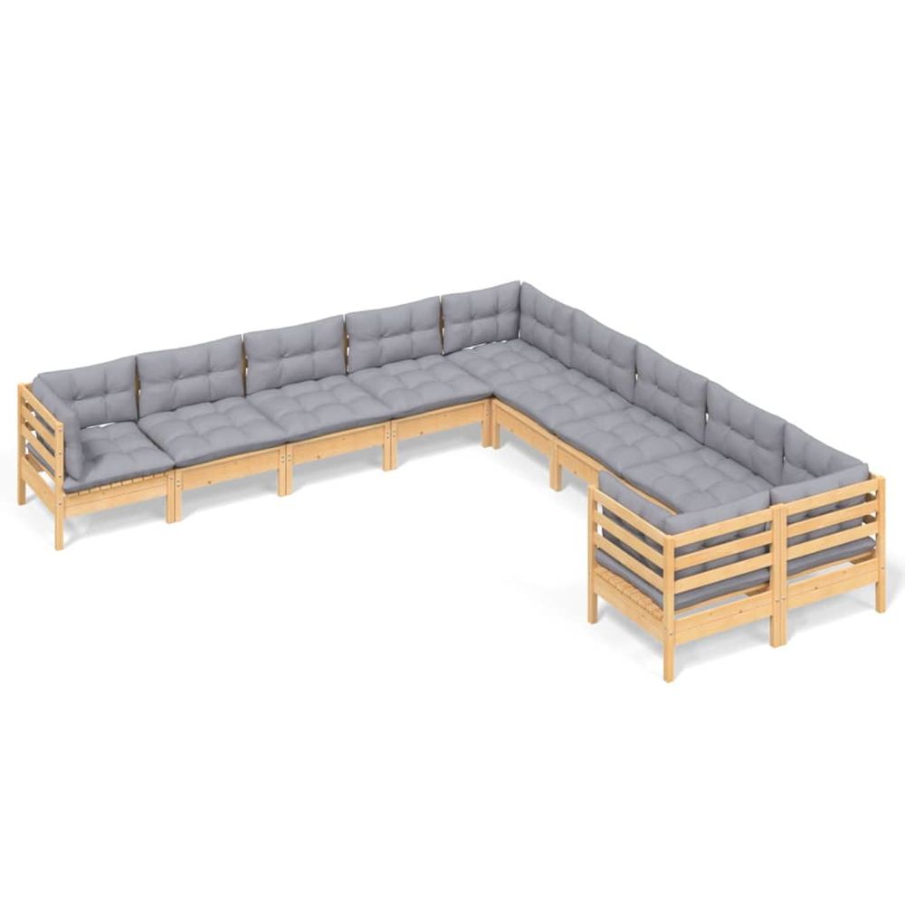 Salon de jardin 10 pcs avec coussins gris bois de pin