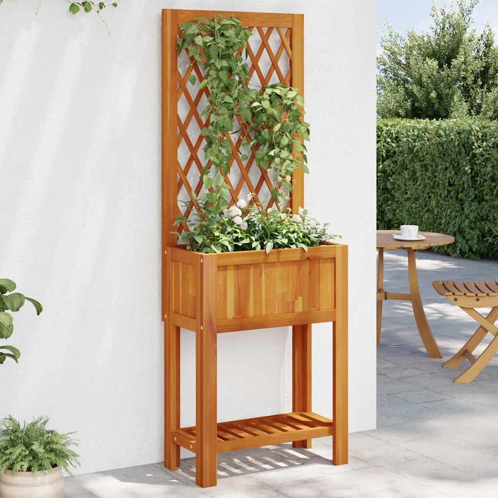 Jardinière avec treillis et étagère de rangement en bois d'acacia massif pour balcon