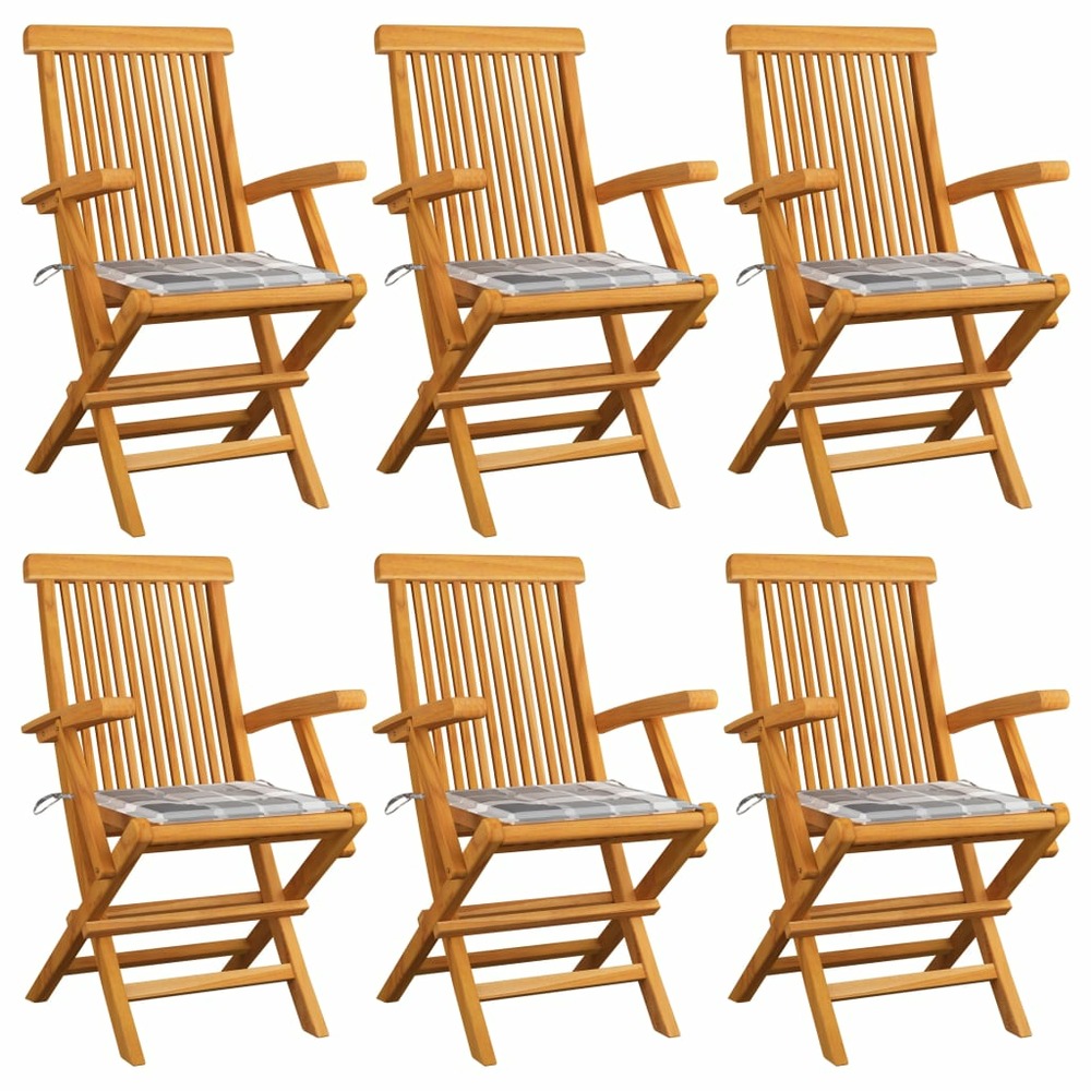 Chaises de jardin et coussins à carreaux gris 6 pcs teck massif