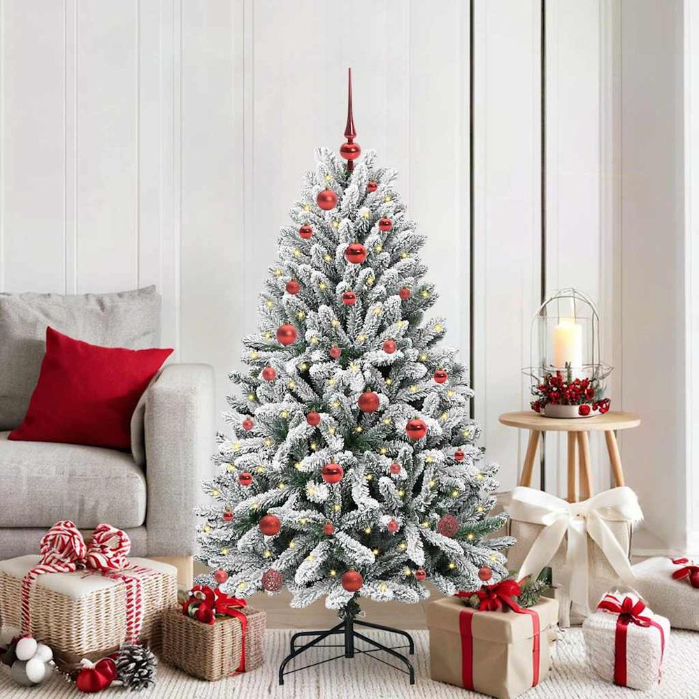 Kit sapin de noël artificiel lumineux 150 cm, style enneigé avec 61 boules et cime incluses