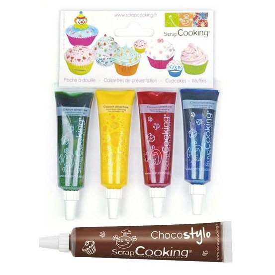 4 colorants alimentaires liquides bleu, rouge, jaune, vert + 1 stylo chocolat