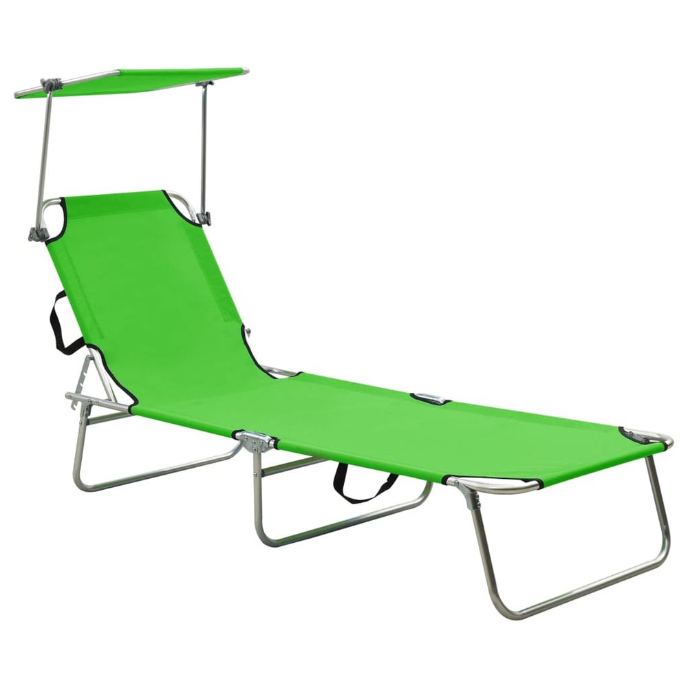 Chaise longue pliable avec auvent acier vert pomme bain de soleil