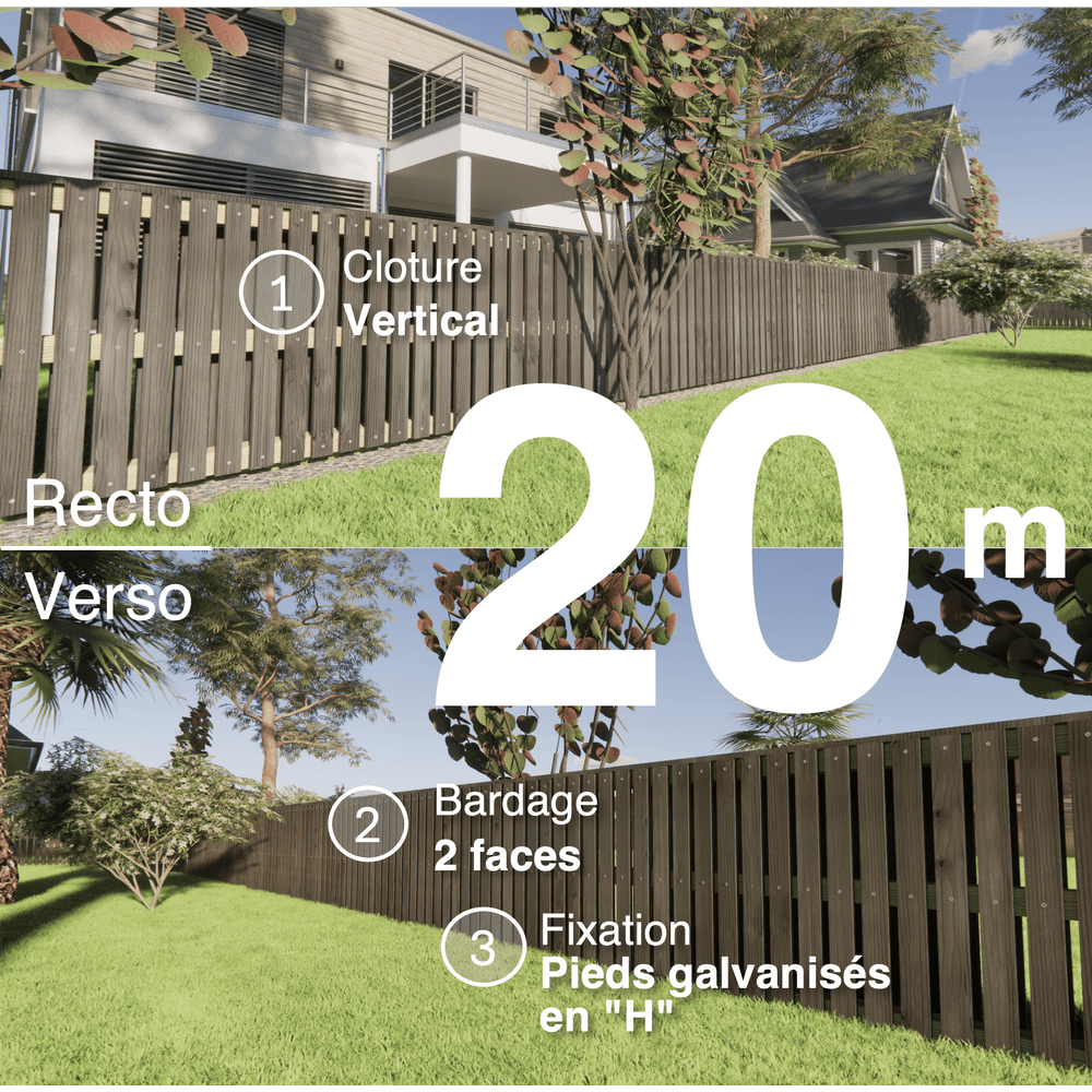 Kit clôture bois moderne 20m – h 0,9m – 20 x 70 mm noir par trempage – pose vertical – double face – support galva