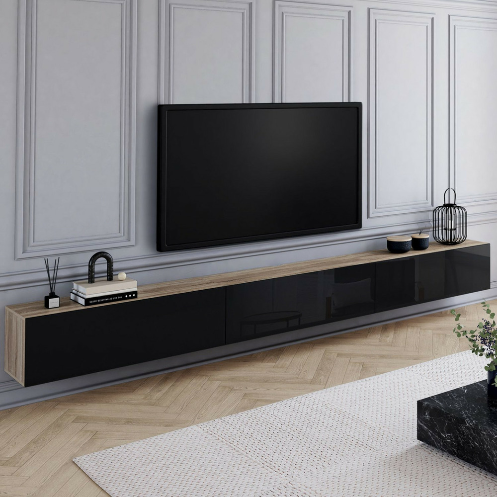 Meuble tv 300 cm suspendu elio 3 portes bois et noir
