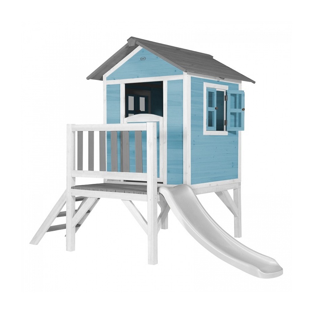 Maisonnette lodge xl axi en bois bleu avec toboggan blanc pour enfants