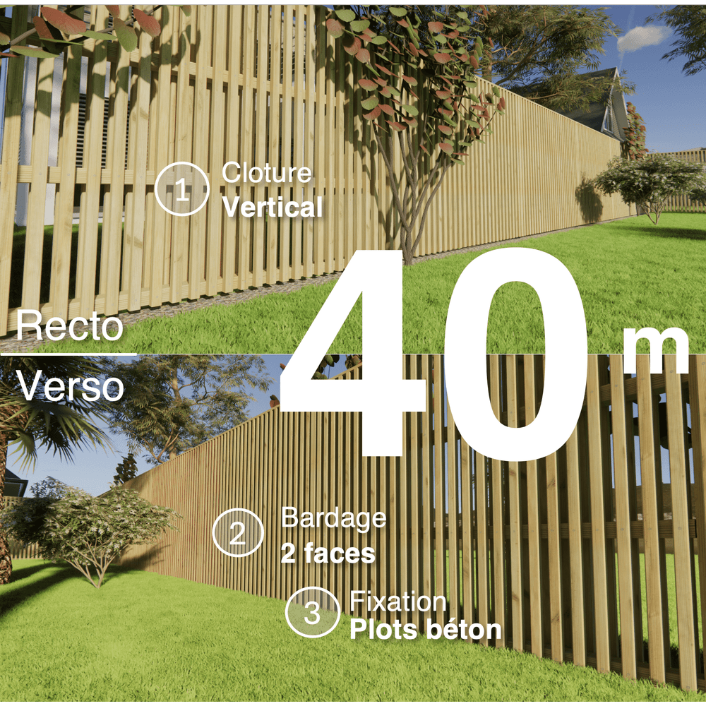 Kit clôture bois moderne 40m – h 1,9m – 45 x 45 mm autoclave – pose vertical – double face – à sceller