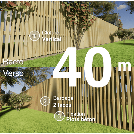 Kit clôture bois moderne 40m – h 1,9m – 45 x 45 mm autoclave – pose vertical – double face – à sceller