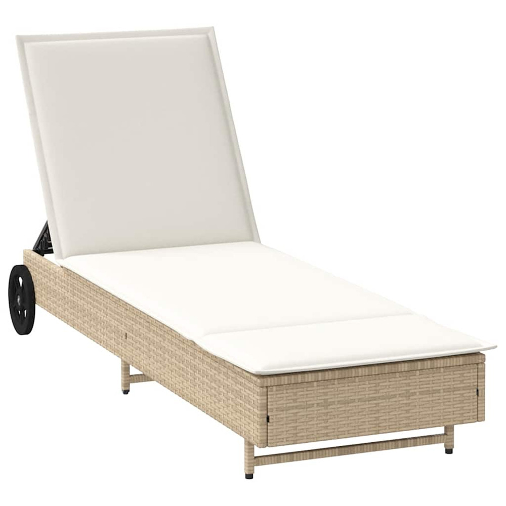 Chaise longue avec roues et coussin beige résine tressée bain de soleil