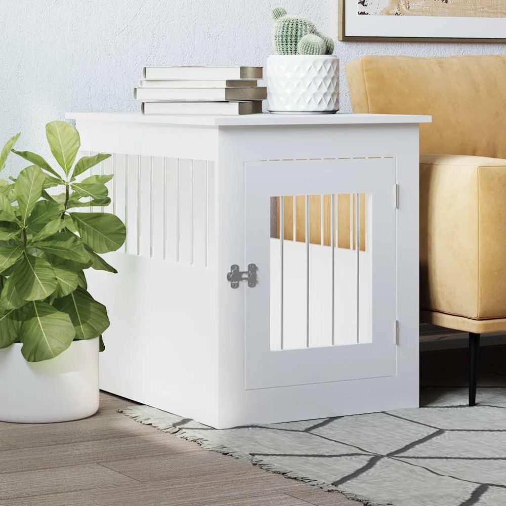 Niche d'intérieur meuble pour chien bois et acier table d'appoint blanc