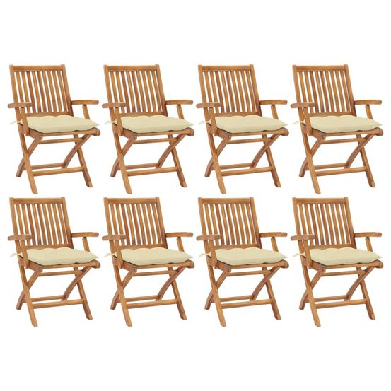 Chaises pliantes avec coussins, 8 pièces, en teck massif