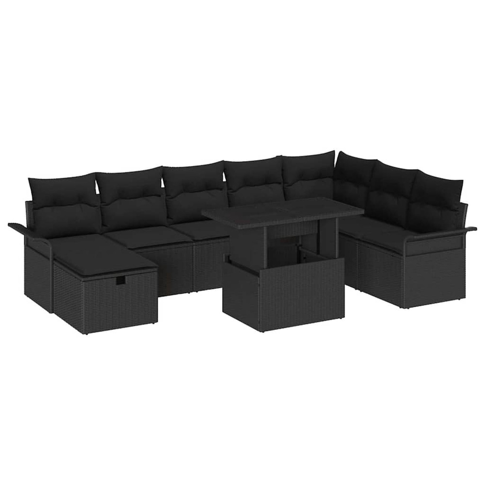 Ensemble de canapé de jardin avec coussin 9 pcs noir poly rotin
