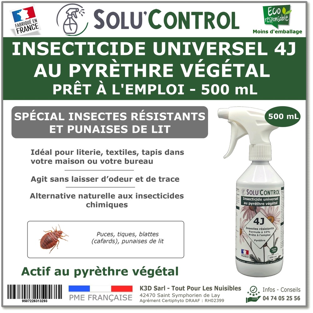 Solu’control anti-insectes universel 4j au pyrèthre végétal – prêt à l’emploi 500 ml – spécial punaises de lit & insectes résistants