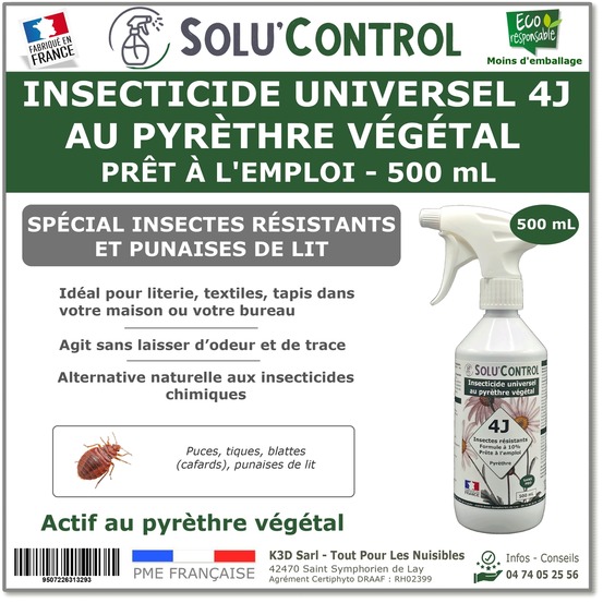 Solu’control anti-insectes universel 4j au pyrèthre végétal – prêt à l’emploi 500 ml – spécial punaises de lit & insectes résistants