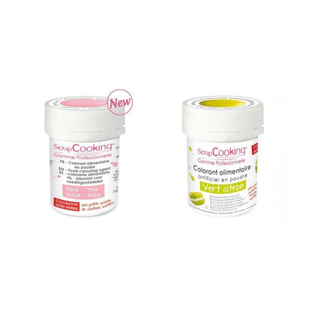 2 colorants alimentaires en poudre - vert citron-rose poudré