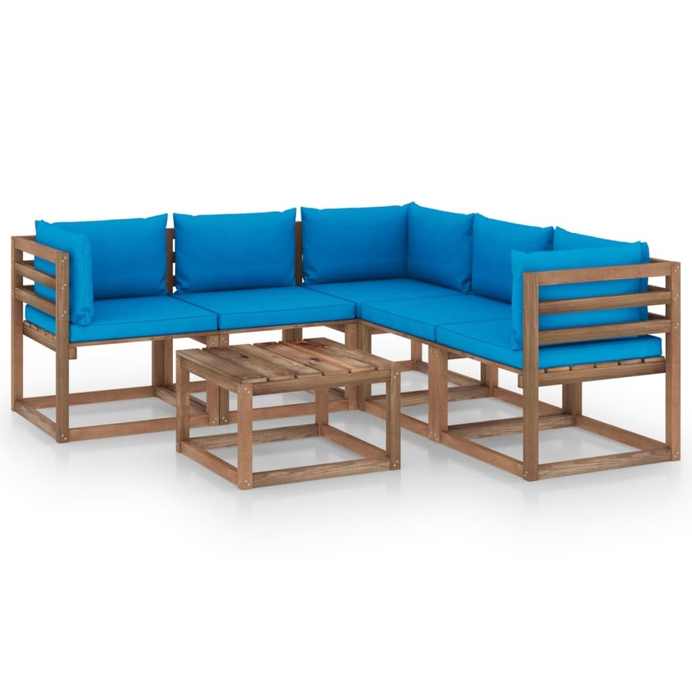 Salon de jardin meuble d'extérieur ensemble de mobilier 6 pièces avec coussins bleu clair pin imprégné