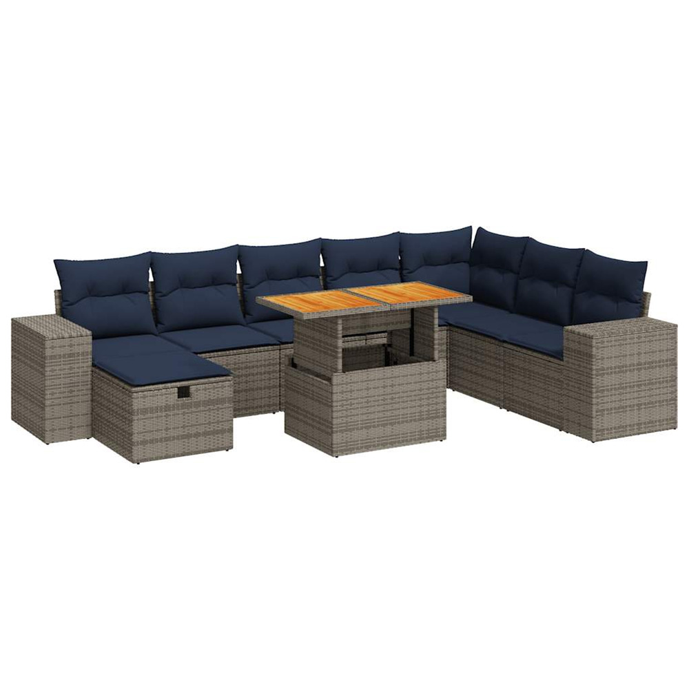 Salon de jardin avec coussins 9 pcs gris résine tressée acacia