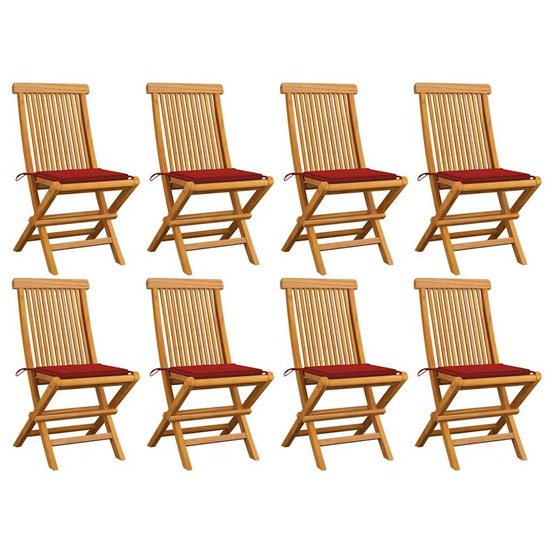Chaises de jardin et coussins rouge lot de 8 bois teck massif
