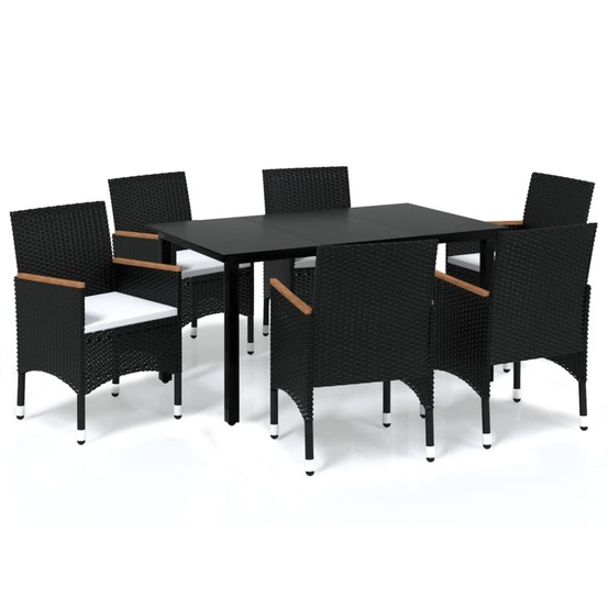 Ensemble à manger de jardin coussins 7pcs résine tressée noir