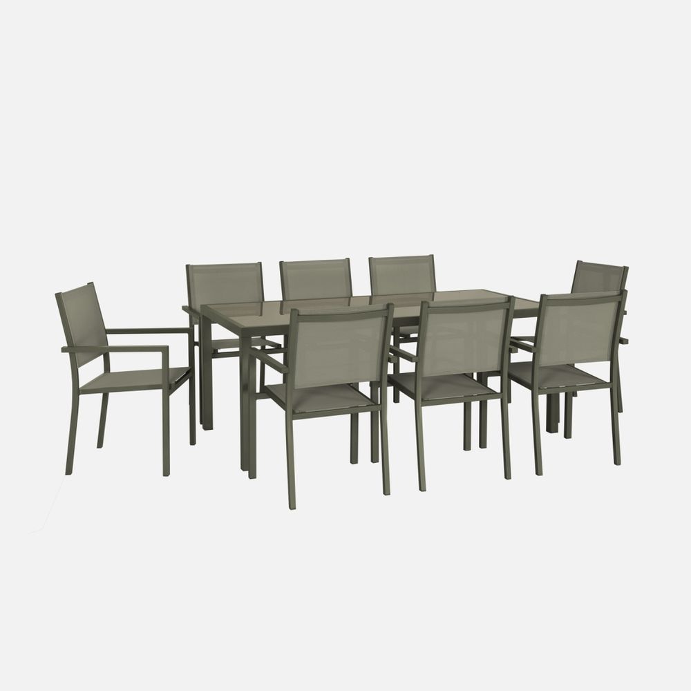 Salon de jardin aluminium table 180cm, 8 fauteuils en textilène