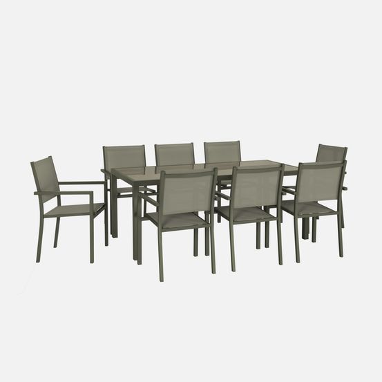 Salon de jardin aluminium table 180cm, 8 fauteuils en textilène