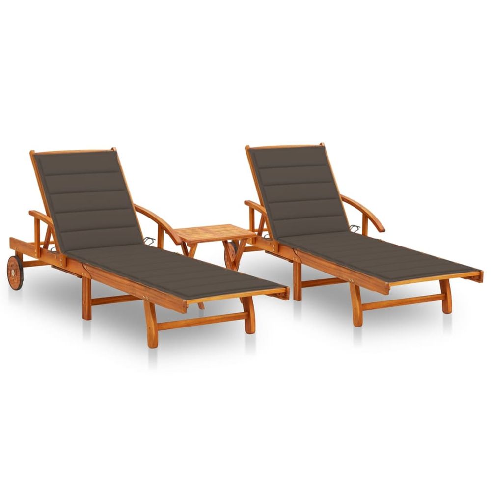 Chaises longues lot de 2 avec table et coussins acacia solide