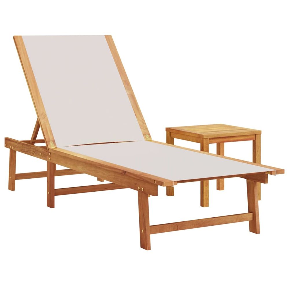Chaise longue et table gris bois d'acacia solide et textilène bain de soleil