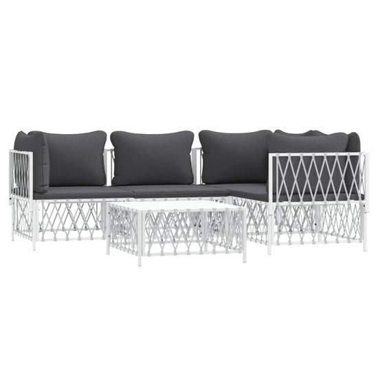 Salon de jardin meuble d'extérieur ensemble de mobilier avec coussins 5 pièces blanc acier