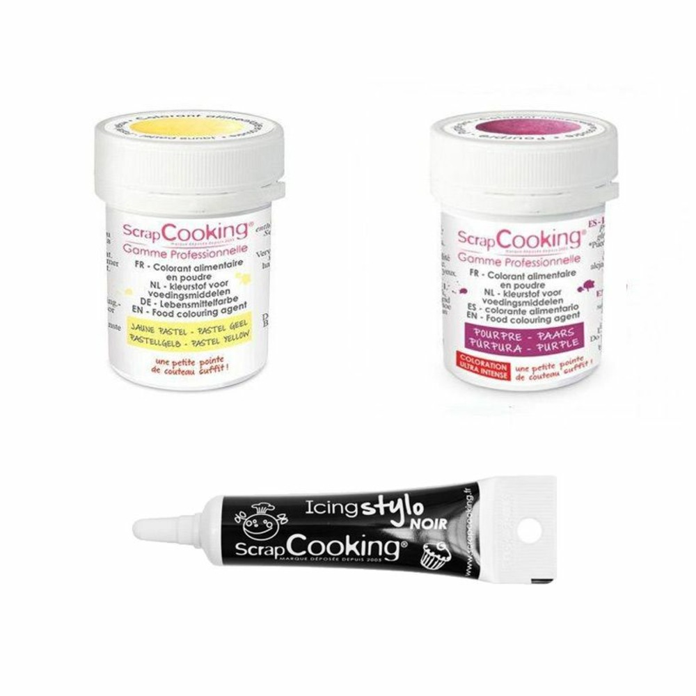 2 colorants alimentaires pourpre-jaune pastel + stylo glaçage noir