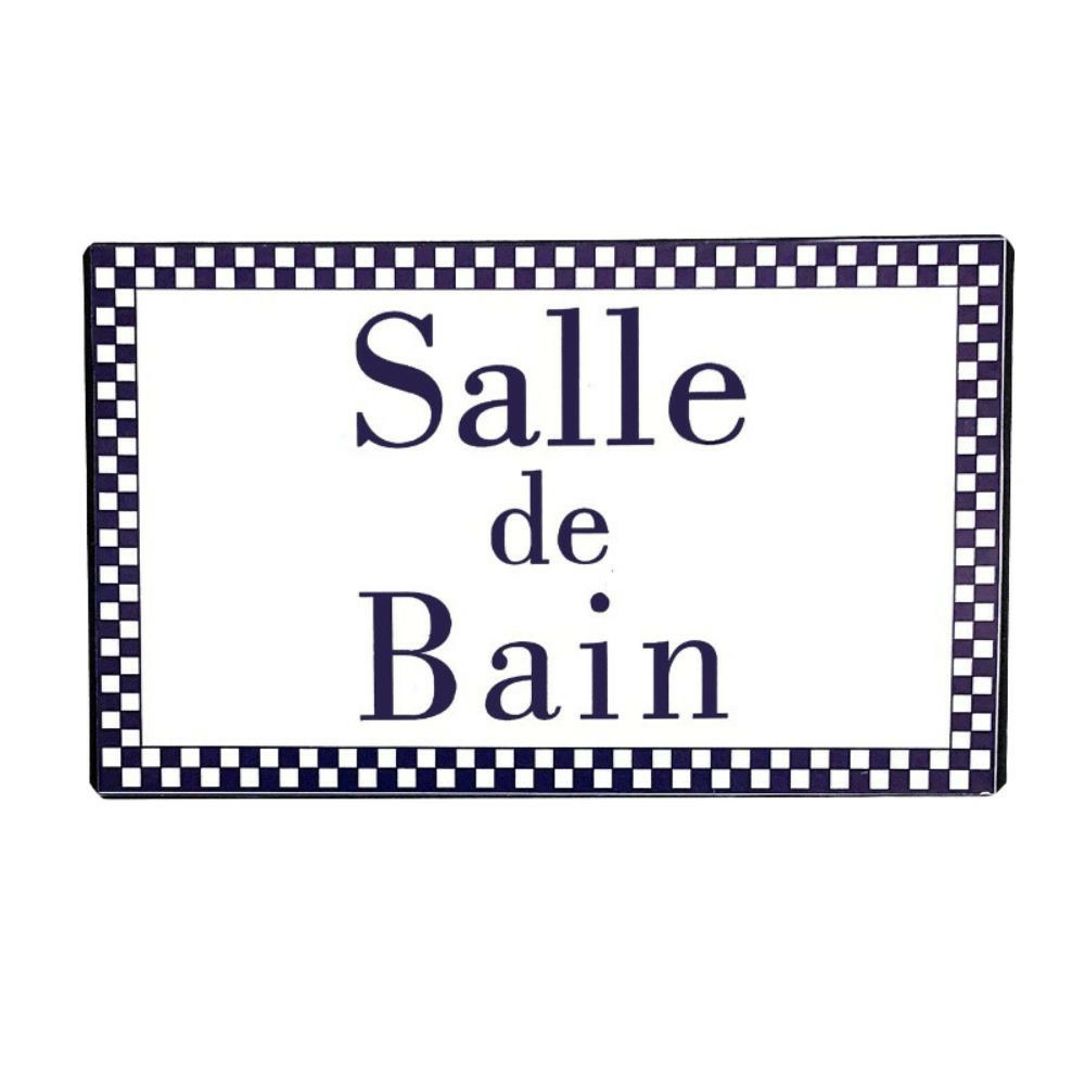 Plaque de porte décorative vintage salle de bain fer blanc bleu 15cm