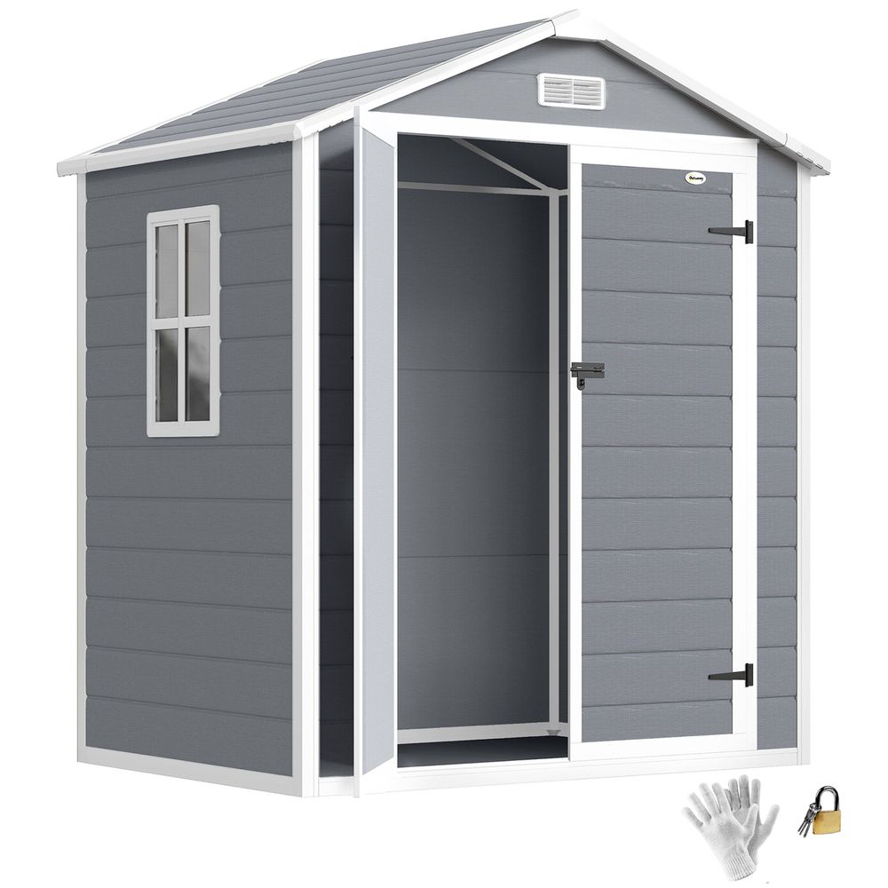 Abri de jardin cabanon 2,12 m² - 2 portes, fenêtre, aération, toit double pente - résine pp gris