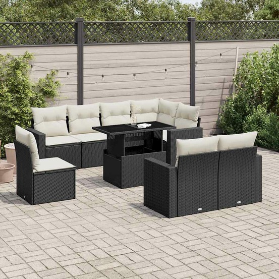 Salon de jardin 9 pcs avec coussins noir résine tressée
