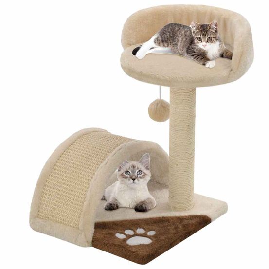 Petit arbre à chat pour chaton 40cm, griffoir en sisal stable et balle de jeu, tricolore