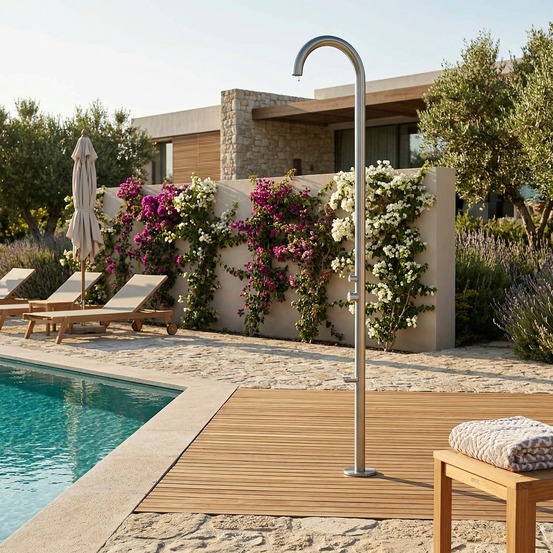 Douche piscine inox 316l couleur inox raccordement eau froidechaude