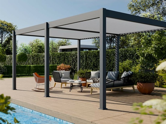 Pergola bioclimatique aluminium autoportee 19 m² - 3,6x5,3m - gris - eclipse - lames orientables de 0 à 120 degrés