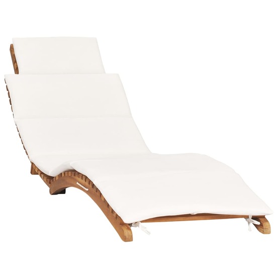 Transat chaise longue bain de soleil lit de jardin terrasse meuble d'extérieur pliable avec coussin blanc crème bois de teck