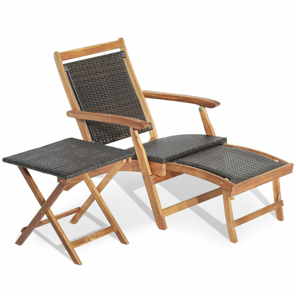 Chaise longue en rotin avec repose-pied rétractable table d'appoint pliable et accoudoirs pour jardin