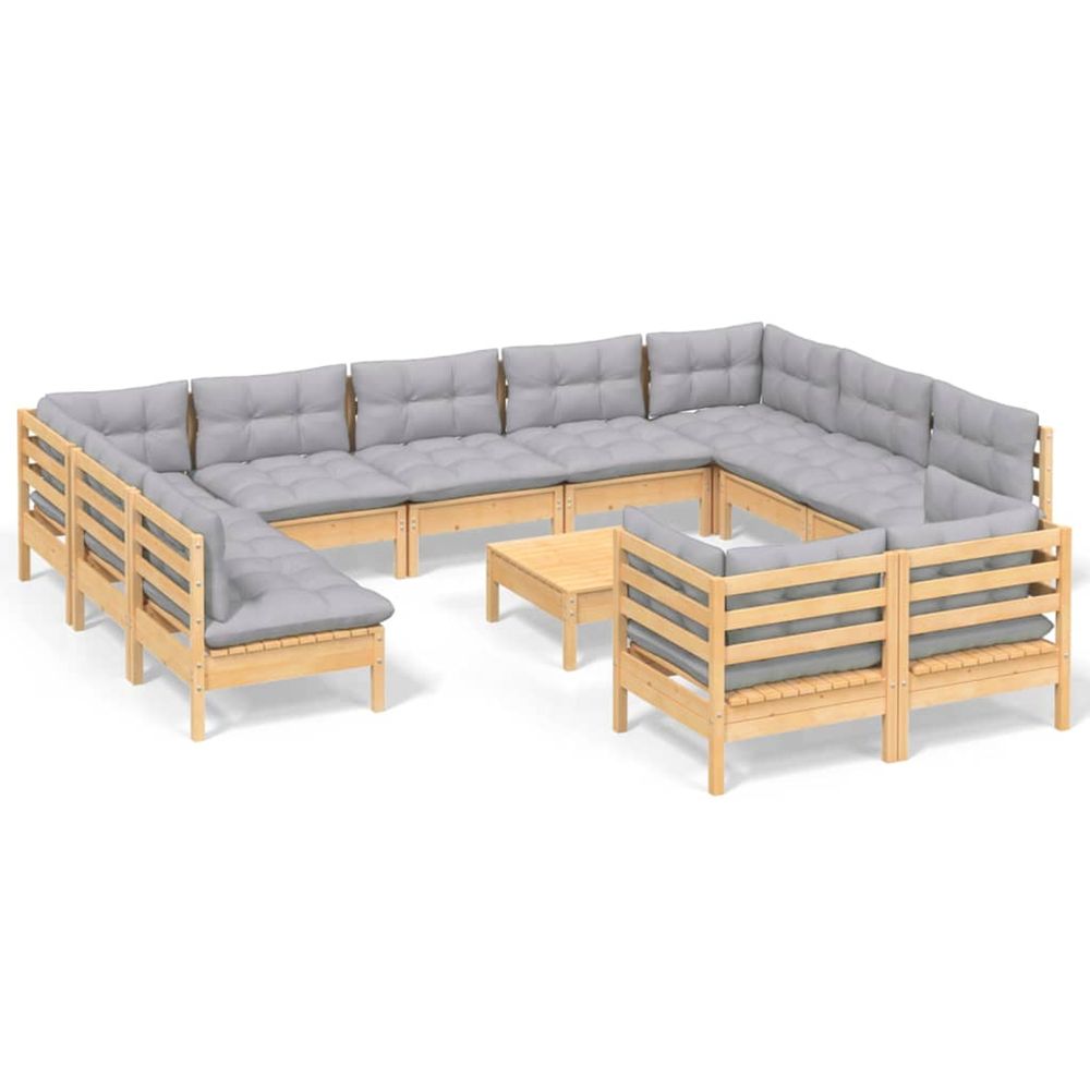 Salon de jardin 12 pcs avec coussins gris bois de pin massif