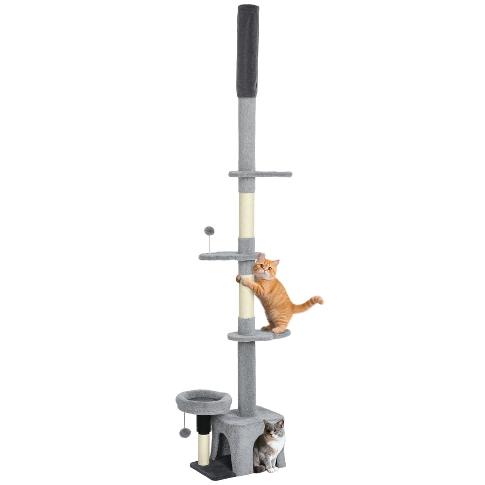 Arbre à chat plafond réglable 225-255 cm avec brosse de toilettage et niche tour de jeu grise