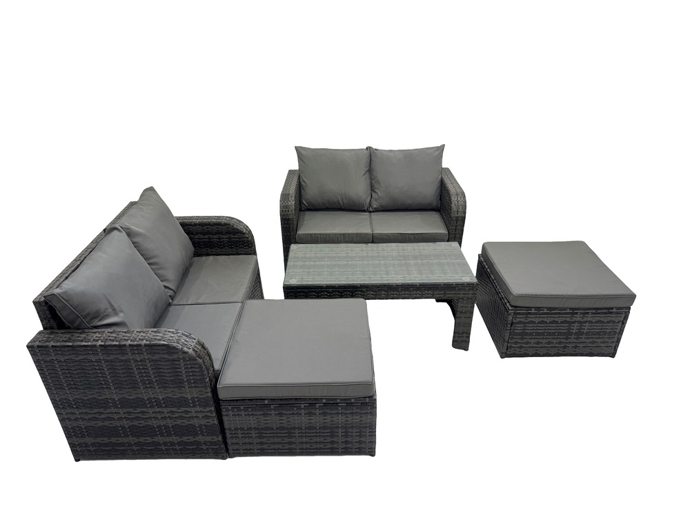 Dossier haut salon de jardin avec canapé d'amour table basse rectangulaire 2 grand tabourets gris foncé mixte