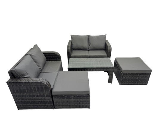 Dossier haut salon de jardin avec canapé d'amour table basse rectangulaire 2 grand tabourets gris foncé mixte