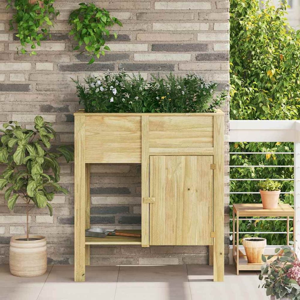 Table de rempotage potager sur pieds en bois avec étagère marron