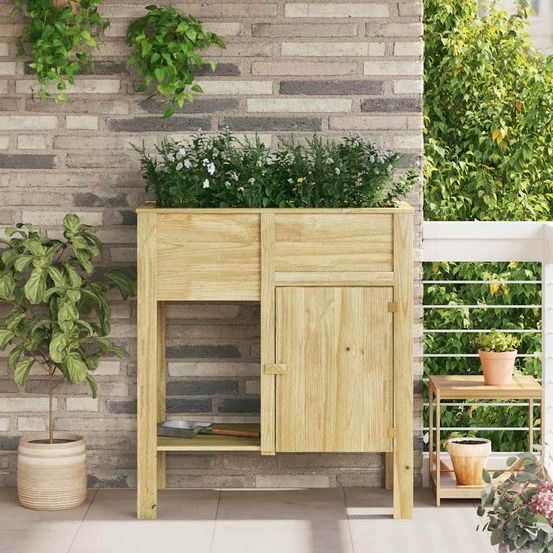 Table de rempotage potager sur pieds en bois avec étagère marron