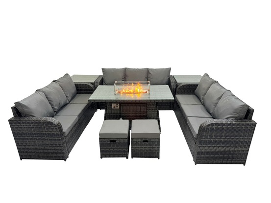 Salon de jardin en résine ensemble repas de jardin exterieur table de foyer à gaz avec 2 tables d'appoint canapé 2 petits tabourets