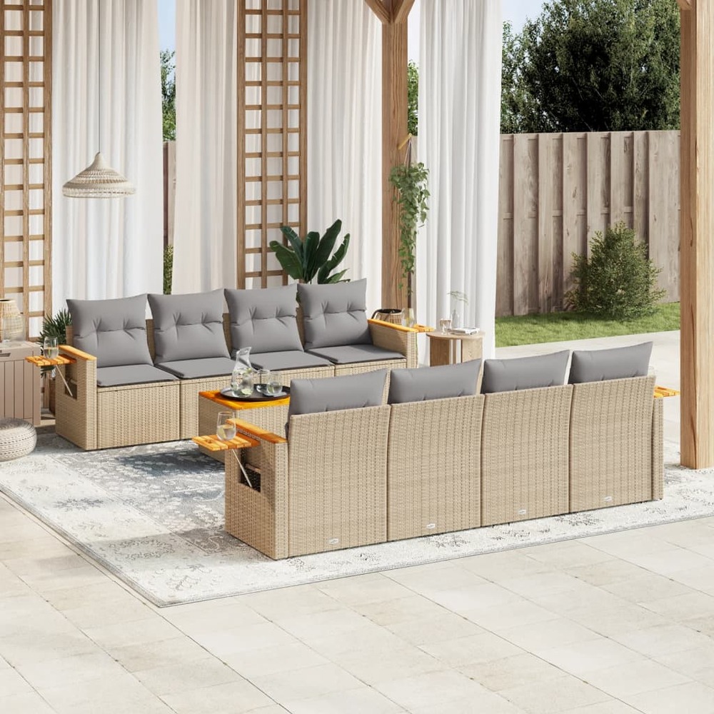 Salon de jardin avec coussins 9 pcs beige résine tressée