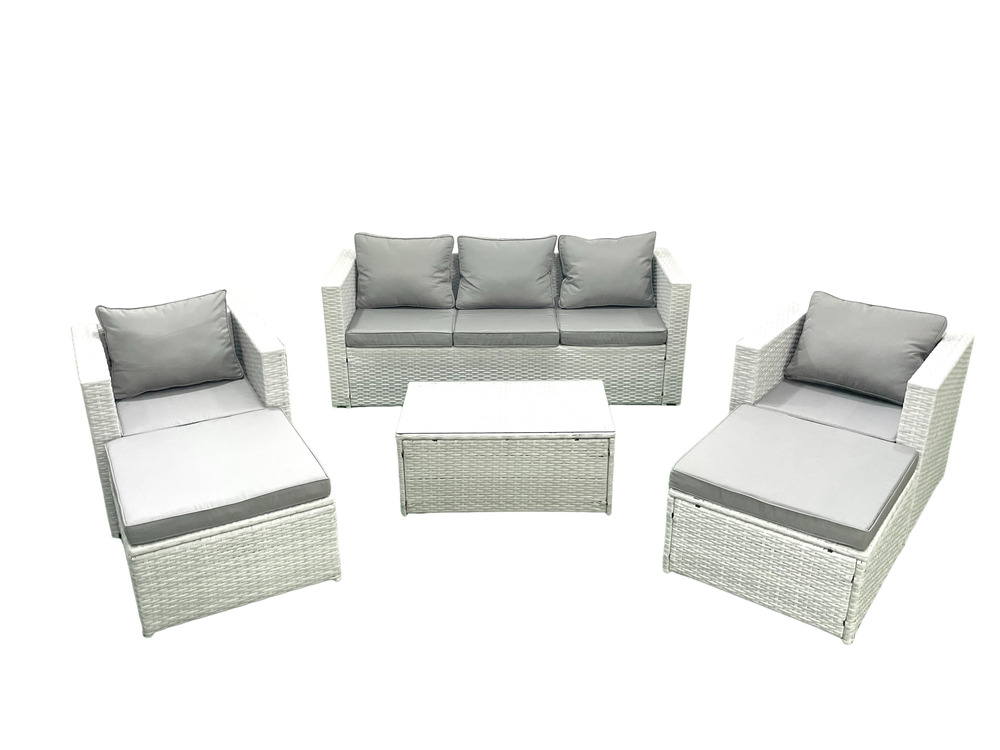 7 places salon de jardin avec canapé 3 places 2 chaise table basse rectangulaire 2 grand tabourets gris clair mixte