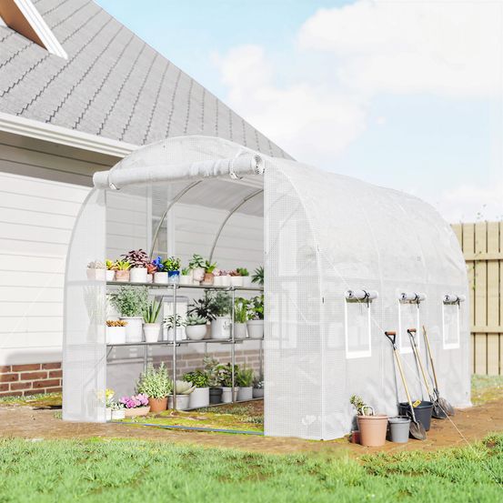Serre tunnel de jardin acier galvanisé pe 2,75 x 1,98 x 1,91 m blanche avec étagères - comfortxl outdoor living